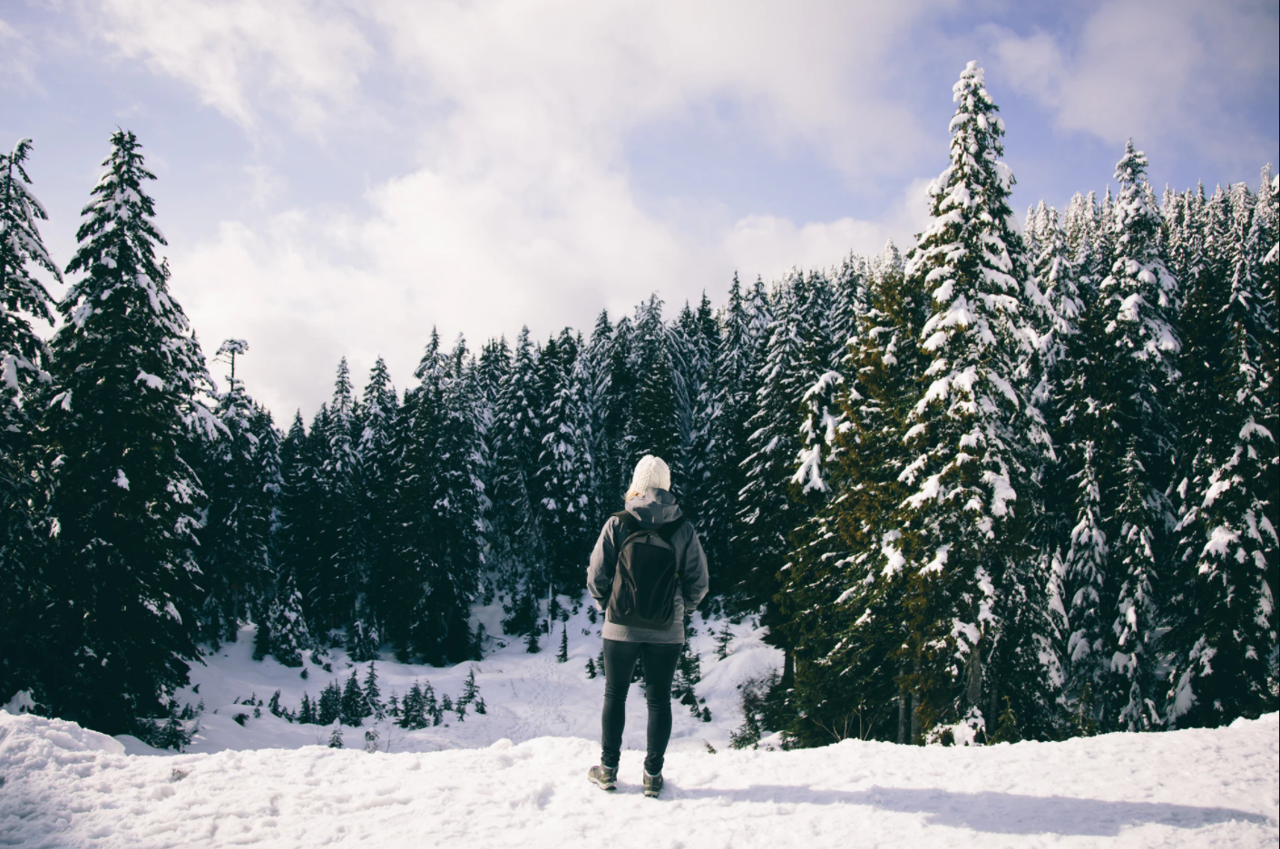 Femme vêtue d'un manteau d'hiver dans un décor hivernal